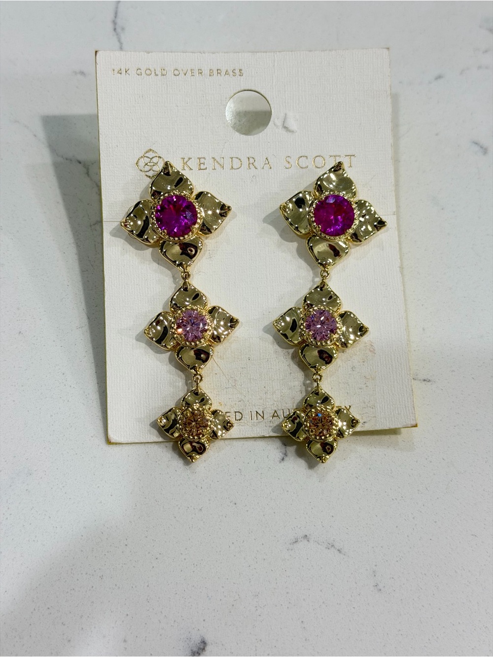 Kendra Scott Gold Drop Earrings with Fuchsia and Light Pink Stones